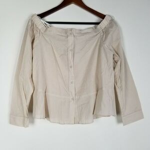 Naked‎ Zebra Womens Size M Beige White Striped Off The Shoulder Button Up Sheer